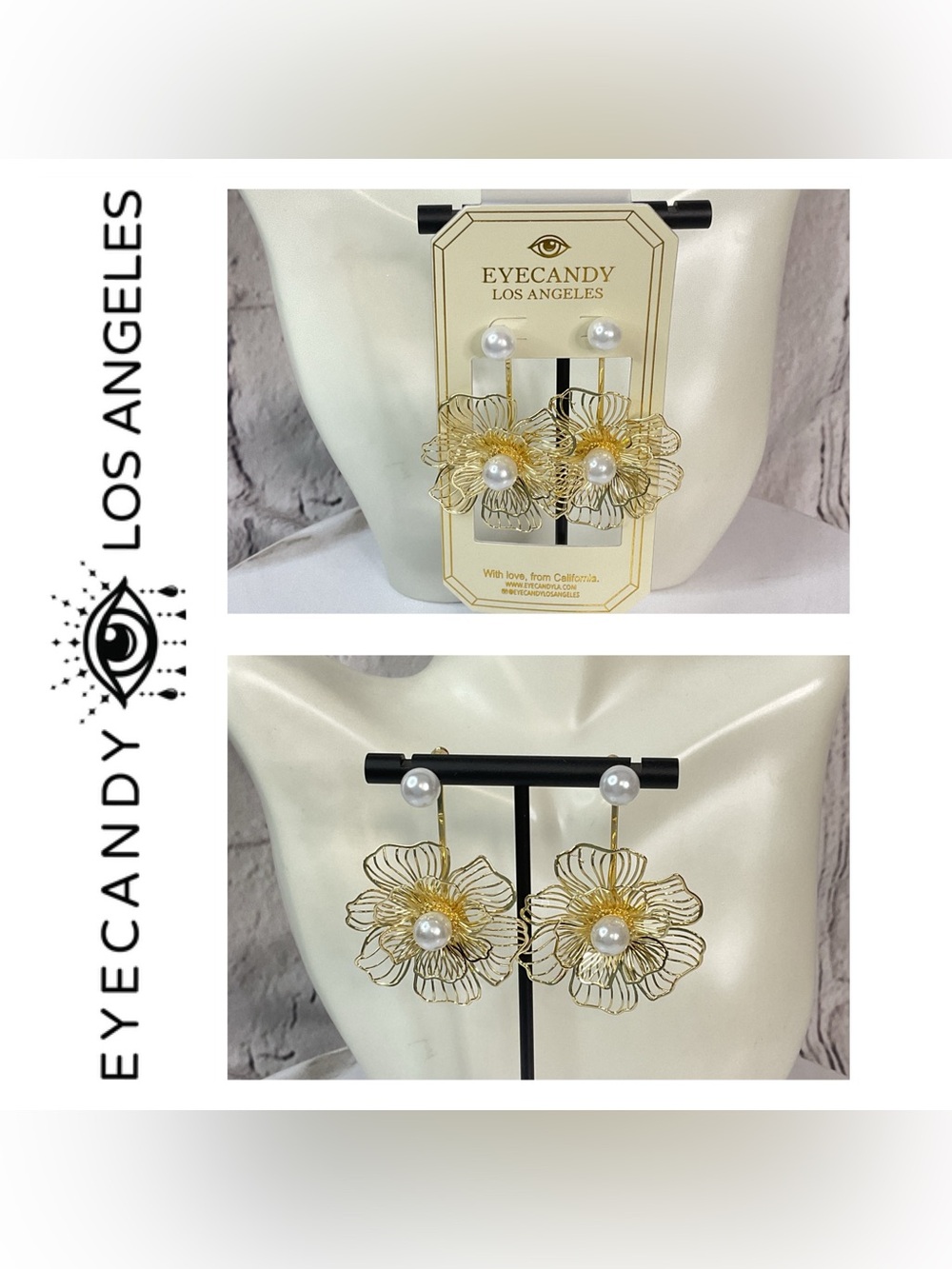 🌟🌟 Eye Candy Gold Floral Pearl Drop Earrings